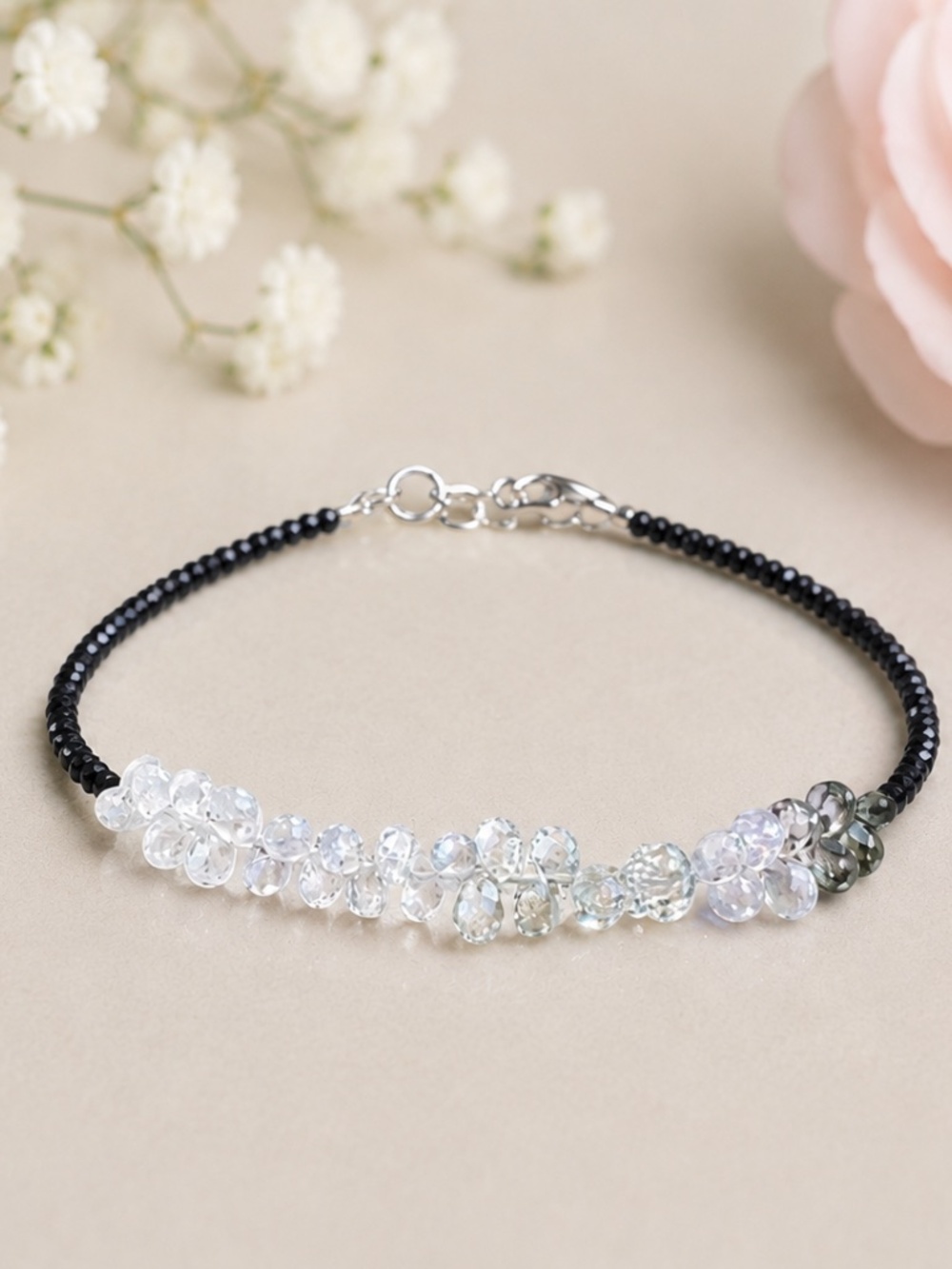 Natural Black Spinel, Tiny Briolette Blue Sapphire Bracelet Solid 14K White Gold